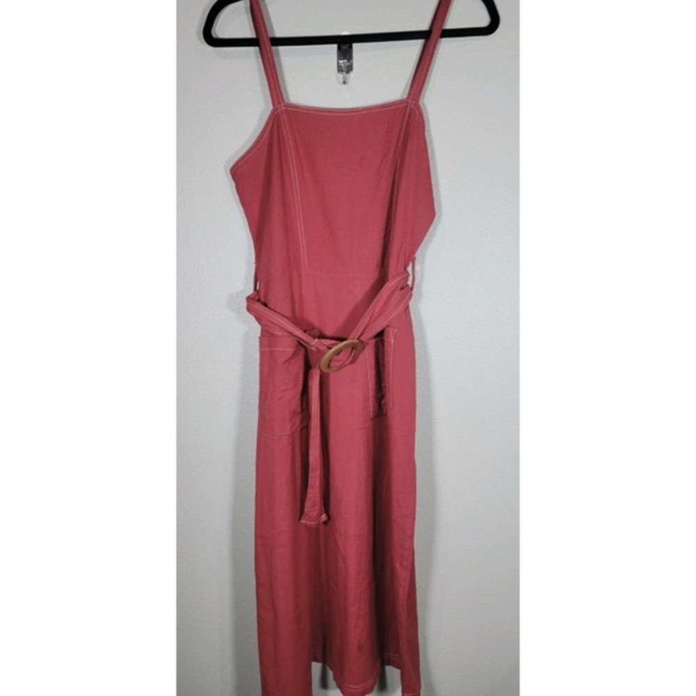 ASOS Rust Red Cotton Linen‎ Midi Dress Side Zip Pockets Size US 2 - Picture 2 of 10